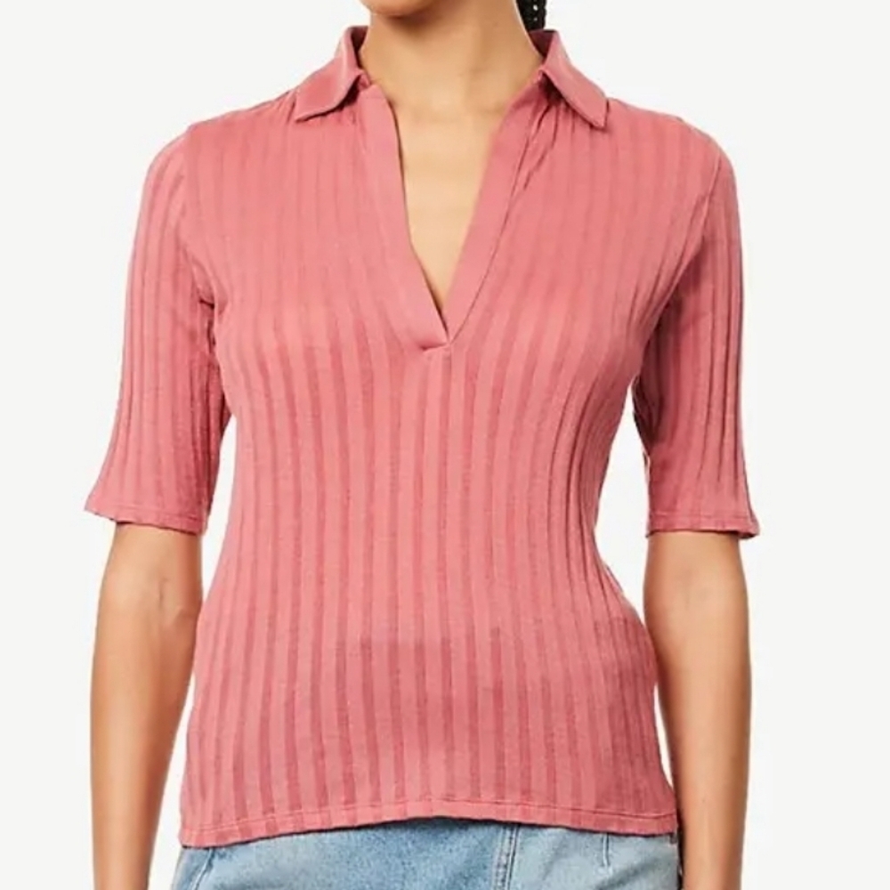Vince Pink Cotton Elbow-Sleeve Polo Shirt   Ribbed Spread Collar  M NWOT